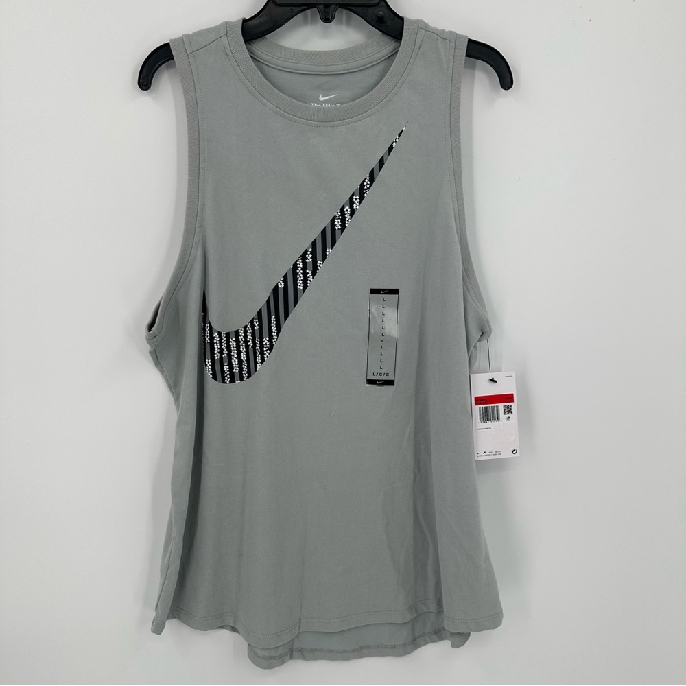 Nike Dri-Fit High Neck Big Logo Swoosh Gray Tank Top Size L